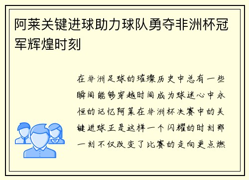 阿莱关键进球助力球队勇夺非洲杯冠军辉煌时刻